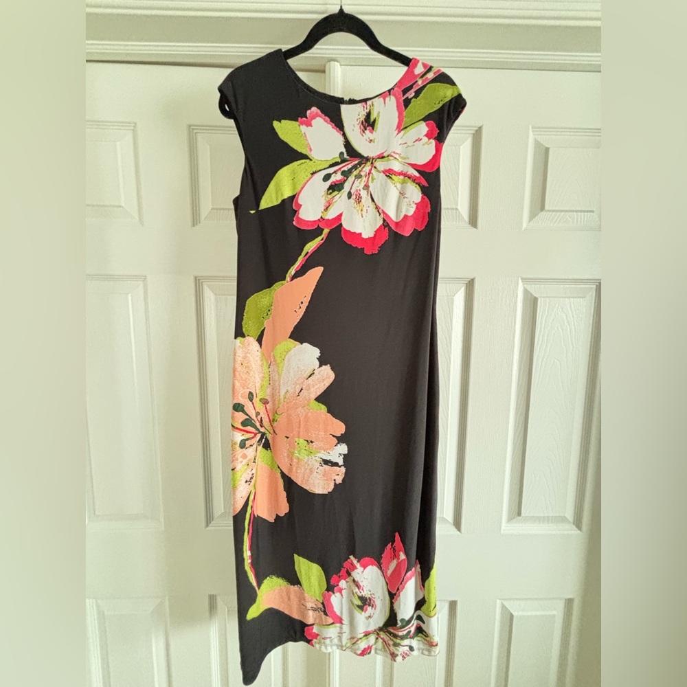 London Times | Black Midi Dress with Pink and Green Flowers, Size 14